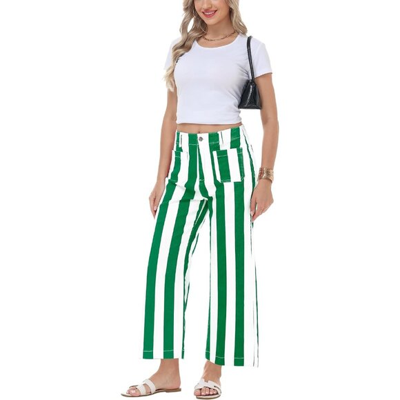 Women Striped Cropped Jeans Stretchy High Waist Wide Leg Pants Casual - Picture 6 of 7